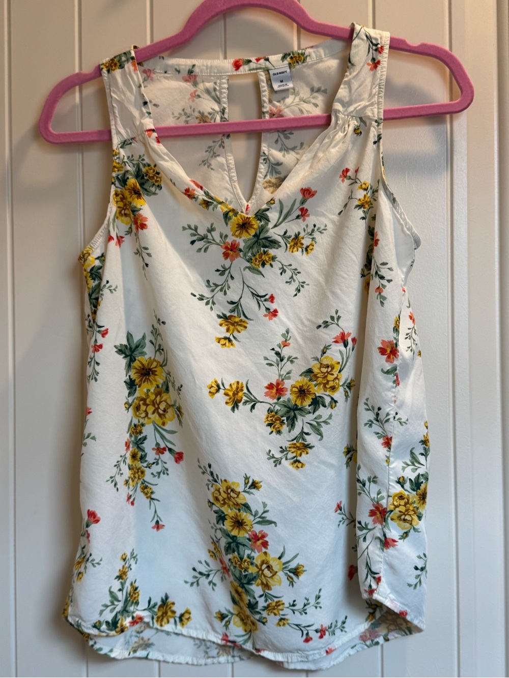 Old Navy White Floral V-Neck Tank with Pink & Yellow Blooms